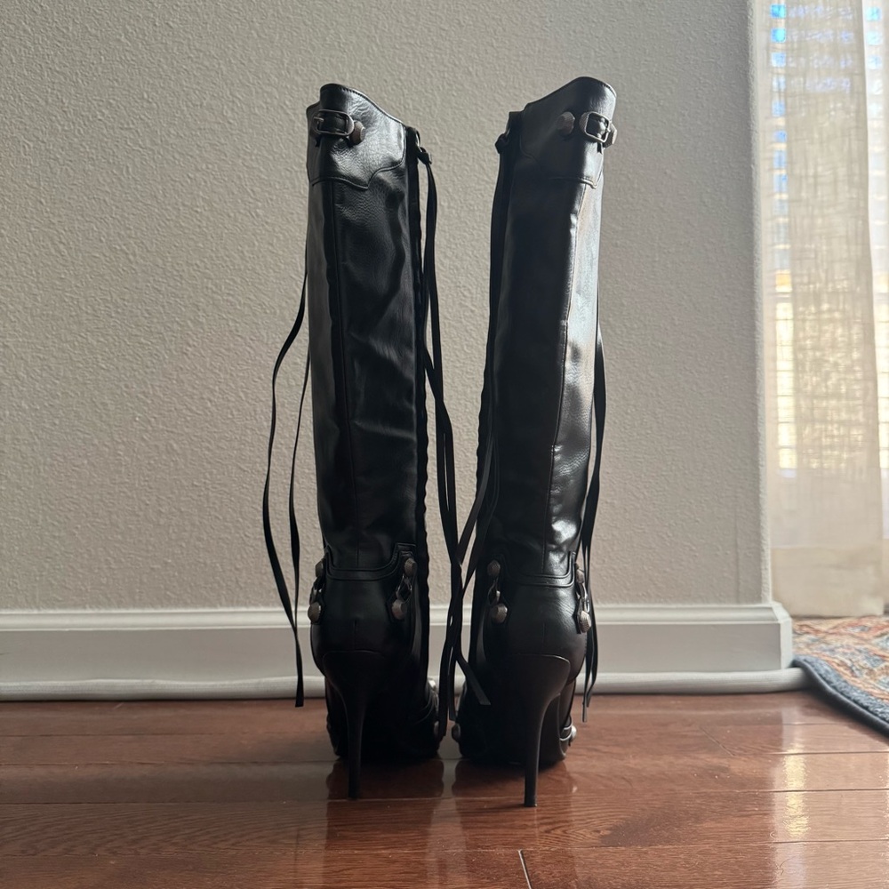 Rocker Chic Knee High Studded Stiletto Boots with Tassels - Picture 9 of 13